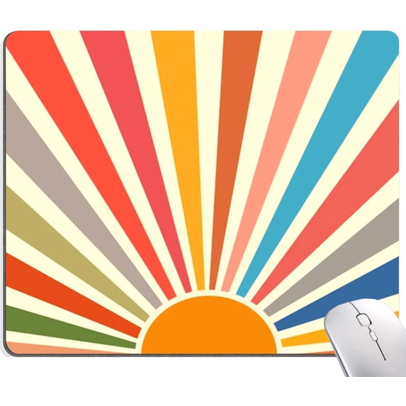 Mouse Pad, Vintage Sun Mouse Pad Boho Design, Cute Mouse Pads Square Waterproof Computer Mouse Mat Non-Slip Rubber Base MousePads for Office Laptop, Retro Rainbow Sunrise Sunset