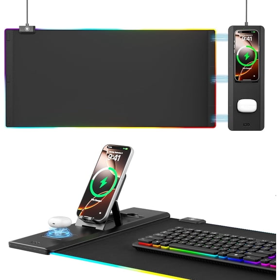 Mouse Pad with Wireless Charging - Desk Mat with Phone Holder and 15W Fast Charger - Gaming Mousepad with Ultra-Smooth Surface, Non-Slip Base - Keyboard Mat for Home Office Gamer Accessories