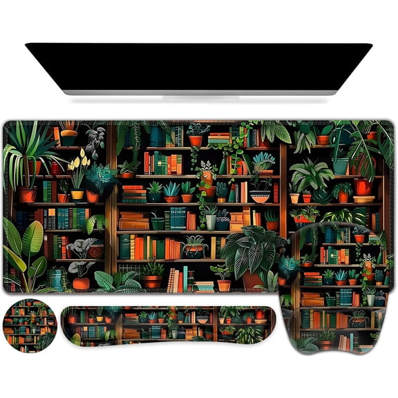Mouse Pad with Wrist Support 4 in1 Set, XXL Big Game Mousepad + Keyboard Wrist Rest + Mouse Wrist Rest Pad +Coaster Gaming Mat for Home Office Work Computer Laptop PC I Green Vine Book Forest