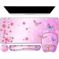 thumbnail image 1 of Mouse Pad with Wrist Support 4 in1 Set, XXL Big Game Mousepad + Keyboard Wrist Rest + Mouse Wrist Rest Pad +Coaster Gaming Mat for Work Study Home Office I Gradient Pink Butterfly Flower, 1 of 15