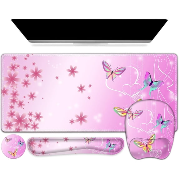 Mouse Pad with Wrist Support 4 in1 Set, XXL Big Game Mousepad + Keyboard Wrist Rest + Mouse Wrist Rest Pad +Coaster Gaming Mat for Work Study Home Office I Gradient Pink Butterfly Flower