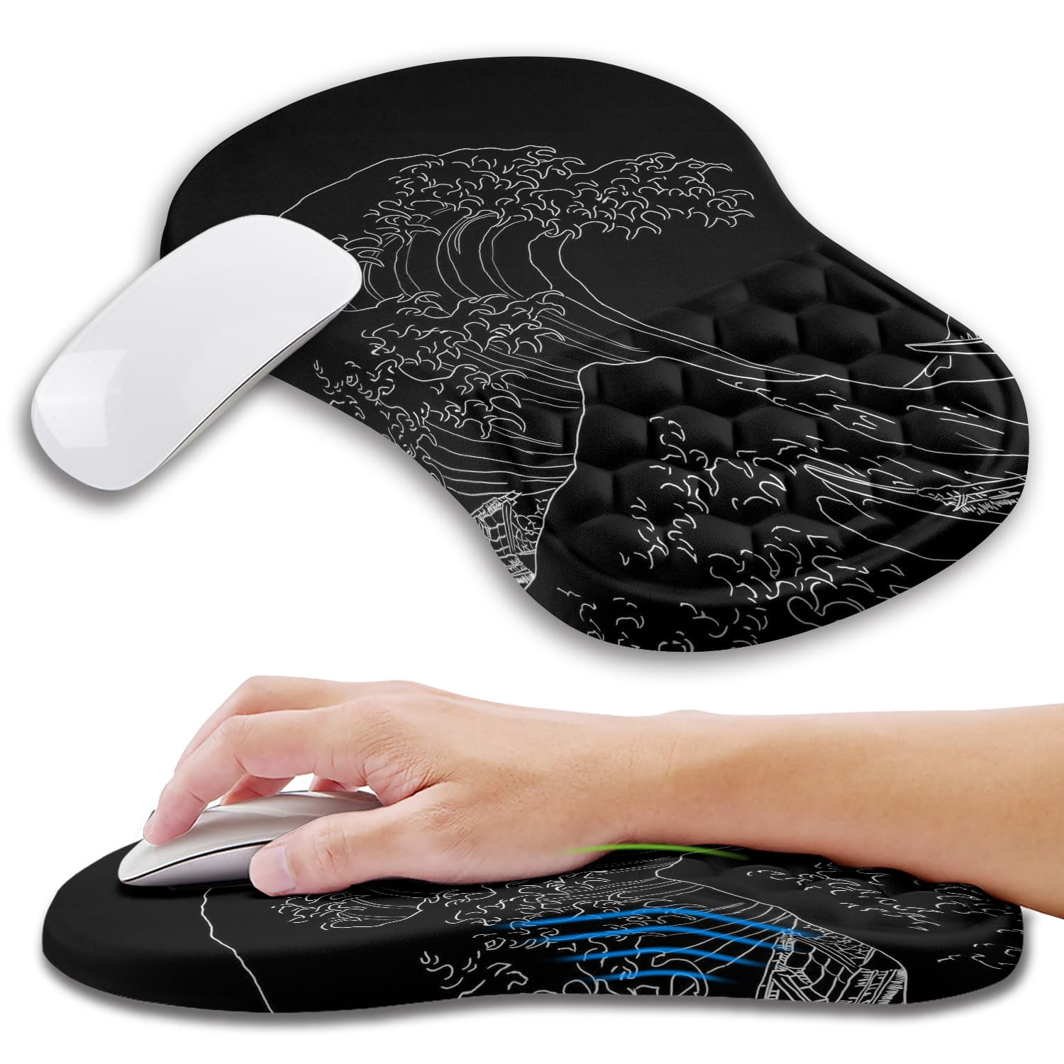 Mouse Pad Wrist Support With Memory Foam Massage Bulge  Carpal Tunnel Mousepad Rest For Mouse(12x8 Inch Sea Wave)
