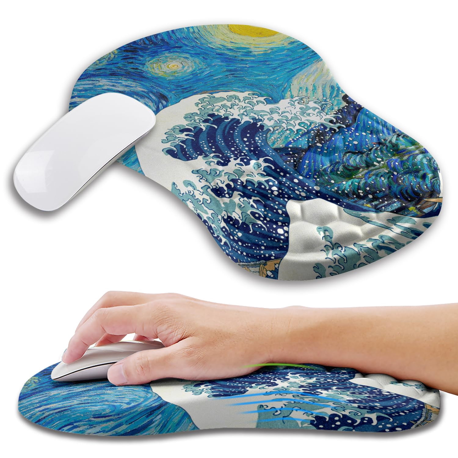 Mouse Pad Wrist Support With Memory Foam Massage Bulge  Carpal Tunnel Mousepad Rest For Mouse(12x8 Inch Wave Starry)