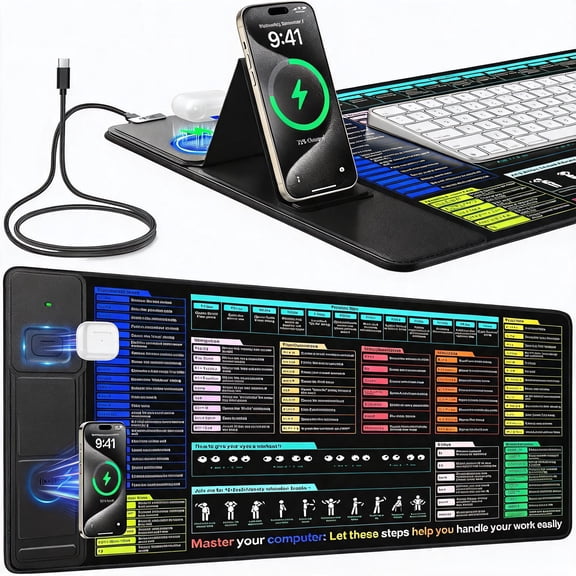 Mouse Pad with Foldable Phone Holder and Wireless Charging 31.5 x 15.75 Inches Micro-Weave Cloth Non-Slip Waterproof Desk Mat