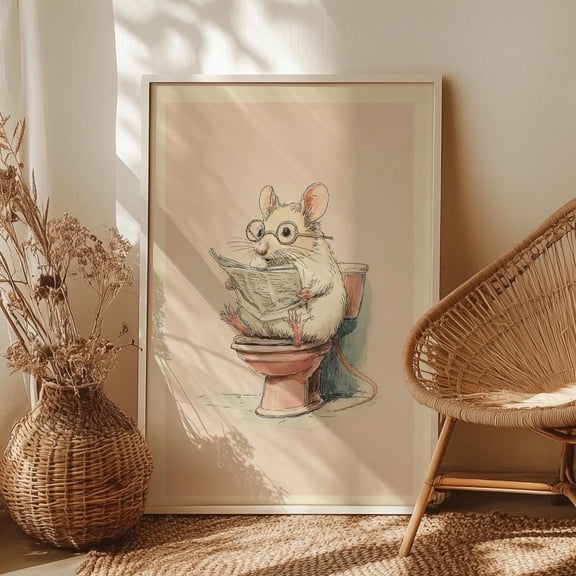Mouse Reading Bathroom Wall Art, Vintage Guest Bathroom Decor, Stretched Canvas Size 16x24