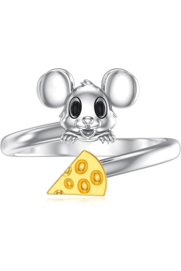Mouse Ring 925 Sterling Silver Rat Cheese Open Ring Adjustable Cute Animal Jewelry Gift for Women