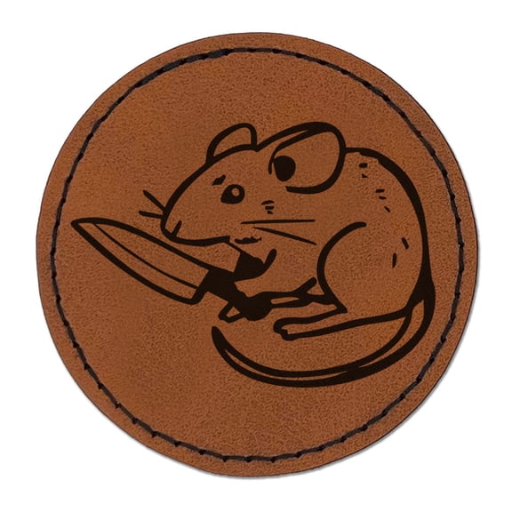 Mouse Rodent with Knife Danger Vermin Round Iron-On Engraved Faux Leather Patch Applique - 2.5 Inch - Brown