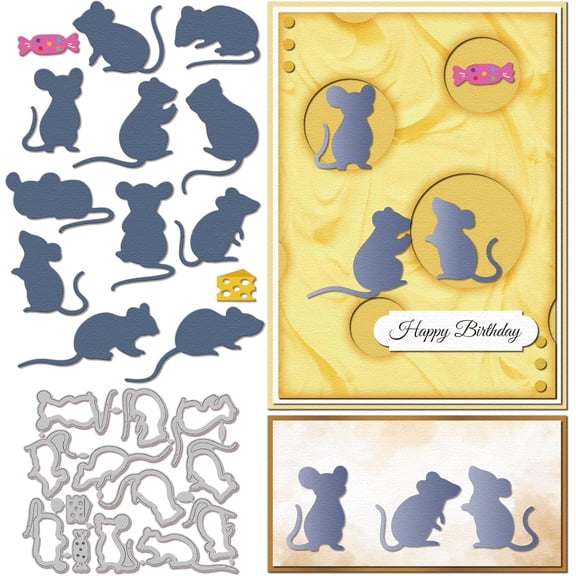Mouse Silhouette Cutting Dies Metal Cheese Candy Die Cuts Rats Mice Animal Cutting Embossing Templates for Scrapbooking Crafts Paper Cards Making Gray DIY