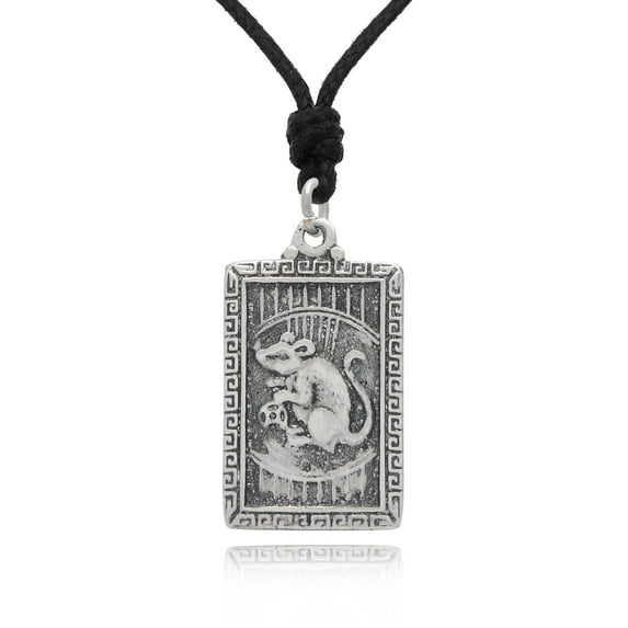 Mouse Silver Pewter Charm Rectangle Necklace Pendant Jewelry With Cotton Cord