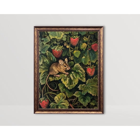 Mouse & Strawberries, Cottagecore Wall Art, Dark Green Moody Nature Posters Woodland Nursery Decor Botanical Animal Fruits Mice Art62, Unframed Poster Size 16x24