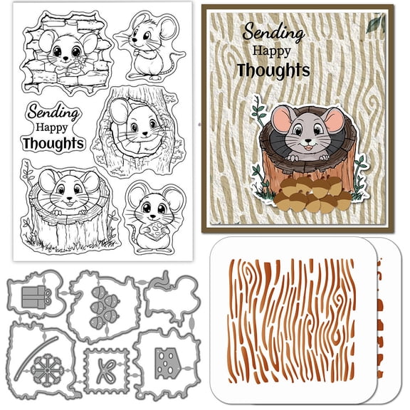 Mouse Theme DIY Scrapbooking Tool Sets 2Pcs PET Painting Stencils and 1 Sheet PVC Plastic Clear Stamps Stamp: 160x110x3mm