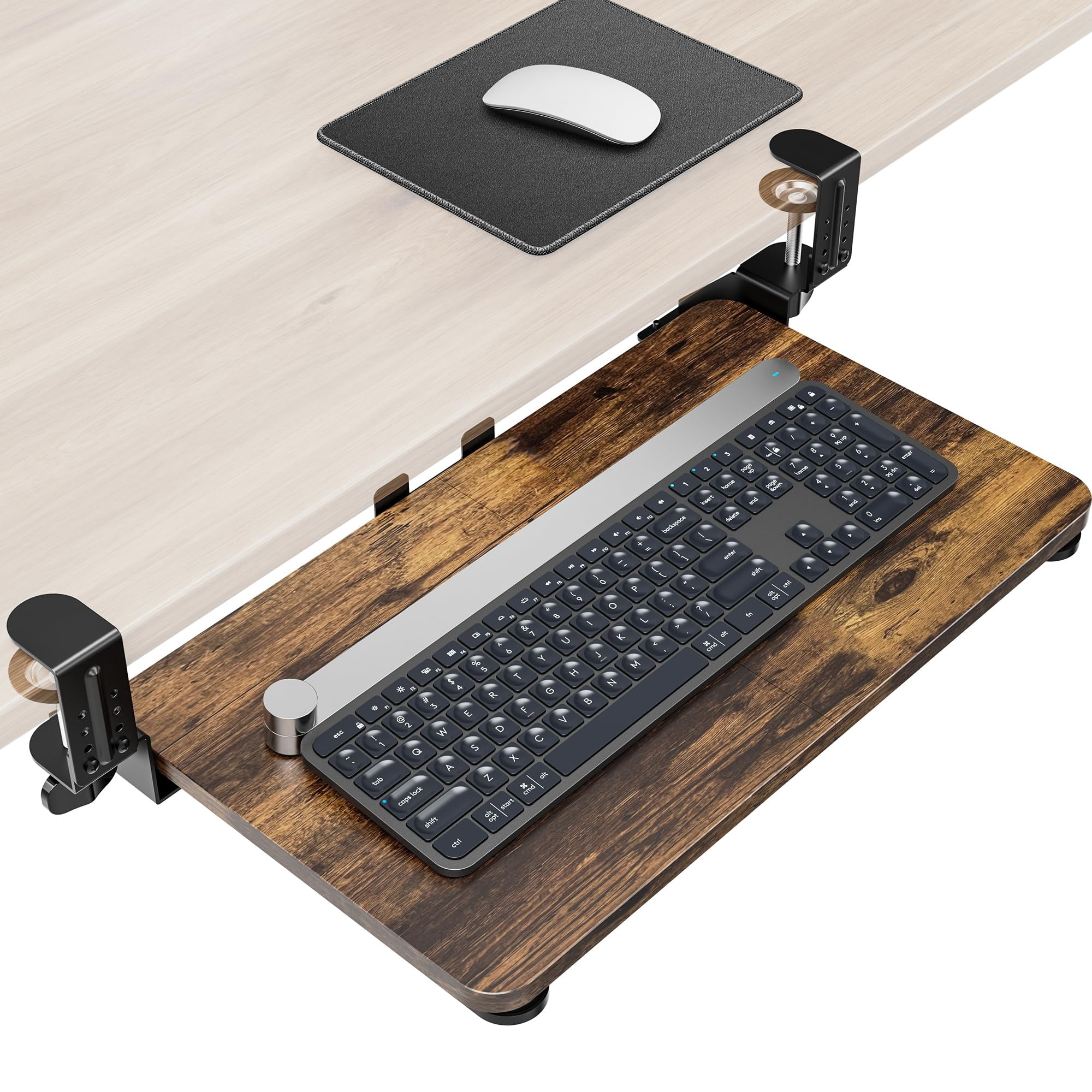 Mouse & Tray Under Desk  Pull Out With Adjustable C-clamp 20 (25.9 Including Clamps) X 11.8 Inch Slide Computer Drawer For Typing Rustic Brown