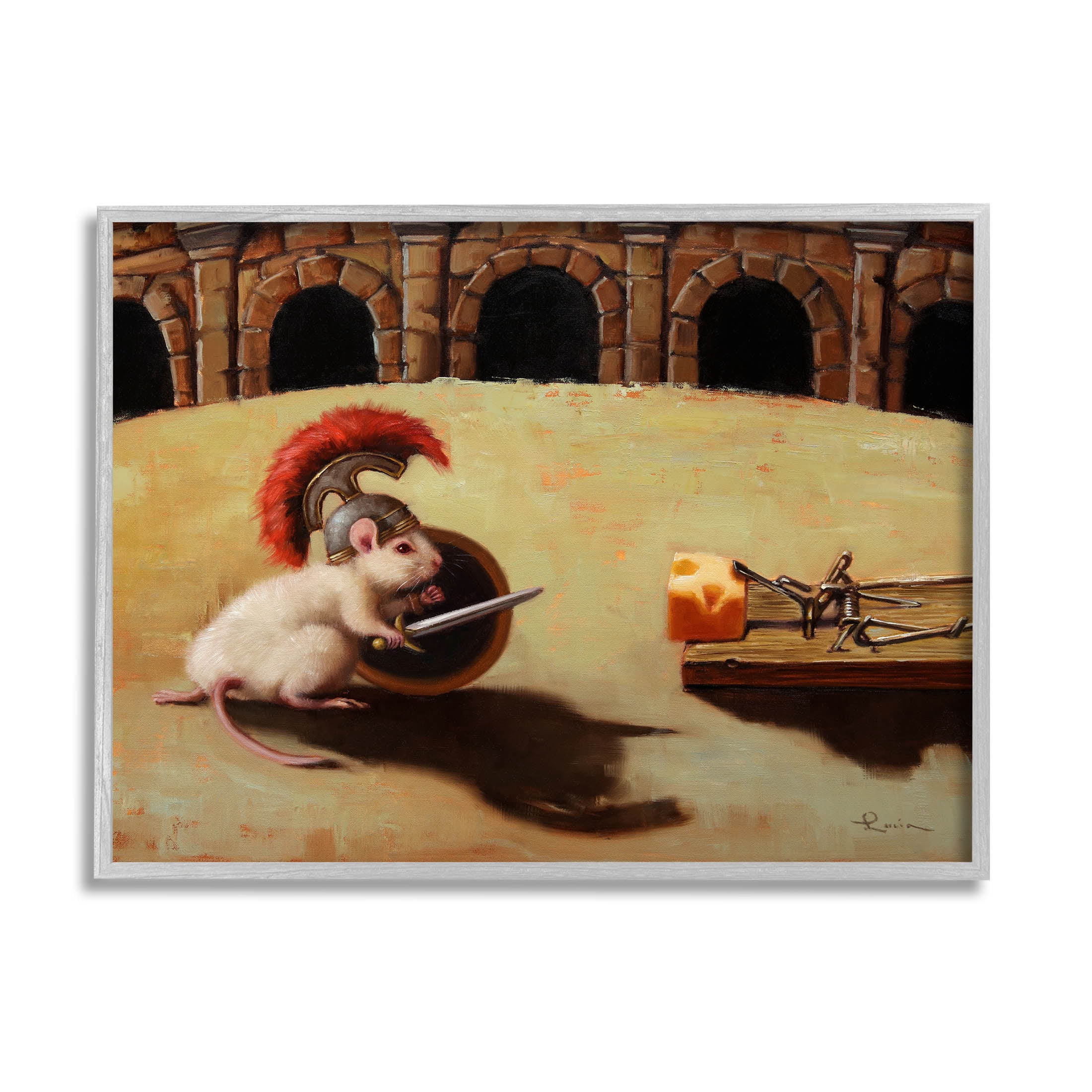 Mouse Vs Mousetrap Funny Battle Animals & Insects Painting Gray Framed Art Print Wall Art