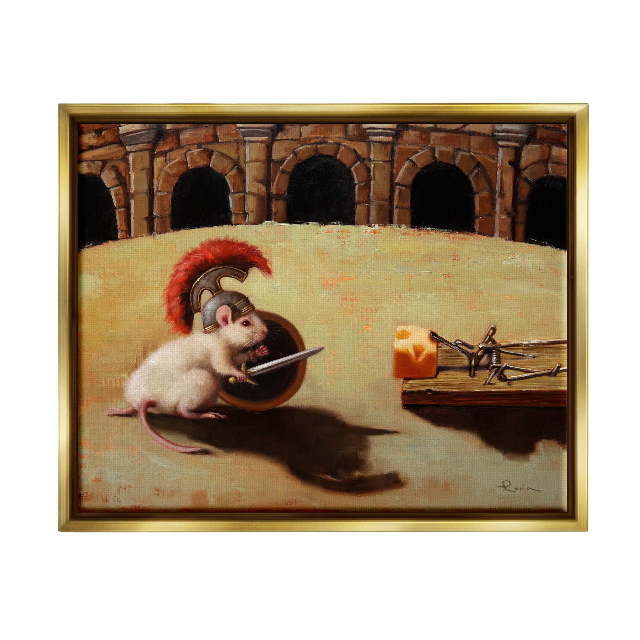 Mouse Vs Mousetrap Funny Battle Animals & Insects Painting Metallic Gold Framed Art Print Wall Art