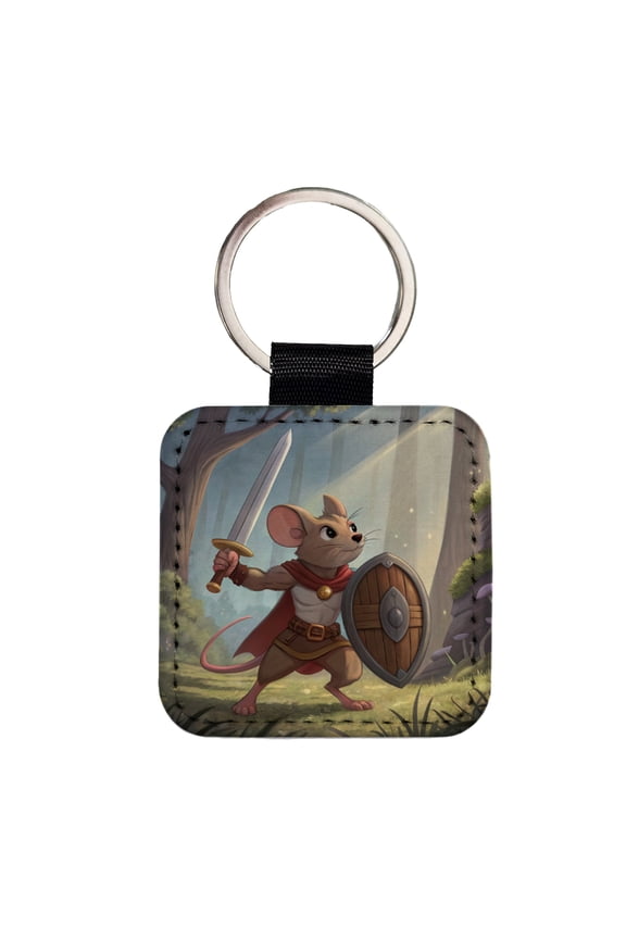 Mouse Warrior With Sword And Shield Faux Leather Square Keychain