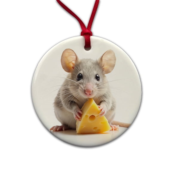 Mouse With A Piece Of Cheese Christmas Tree Holiday Round Ceramic Ornament