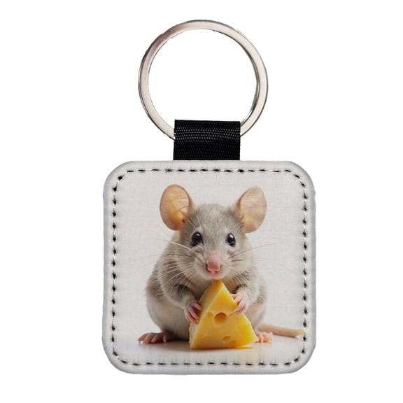 Mouse With A Piece Of Cheese Faux Leather Square Keychain