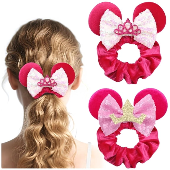 -Mouse ear scrunchies with glitter sequin ears for women girls, princess hair accessories for women, mini mouse ears bows hair bows for women girls (princess pink)