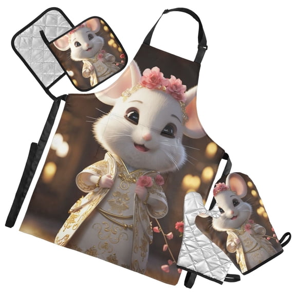 Mouse in A Tang Suit Cartoon Oven Mitts and Pot Holders with Chef Apron Set 5 Pcs Kitchen Cooking Set