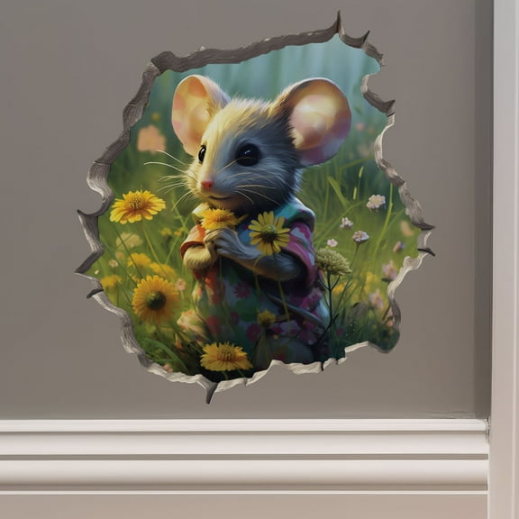 Mouse with Flowers in Mouse Hole Decal - Mouse Hole 3D Wall Sticker
