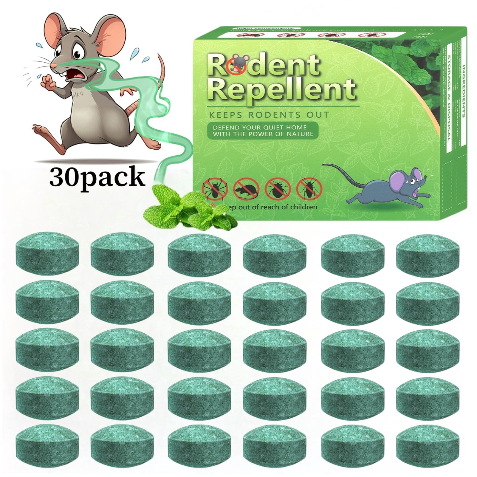 MouseRodentRepellent, 30 Pack Peppermint Oil Mouse Traps for Rat Mice, Ant, Roach, Spider, Squirrel, Nature Mouse Deterrent for Indoor Outdoor Use, for Garden & Home, Family & Pet Safe