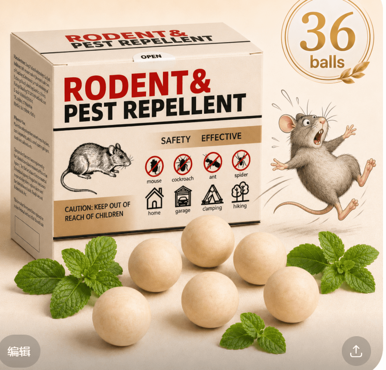 MouseRodentRepellent, 36 Balls Peppermint Oil Mouse Traps for Rat Mice, Ant, Roach, Spider, Squirrel, Nature Mouse Deterrent for Indoor Outdoor Use, for Garden, Home