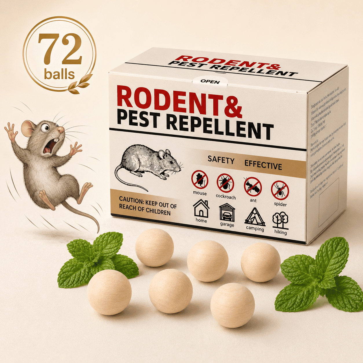 Peppermint Oil RodentRepellent Balls,  rodentrepellent pouches ,Natural Mouse Deterrent for Indoor & Outdoor, Pet Safe Rat Control for Home and Garden (72 Balls)