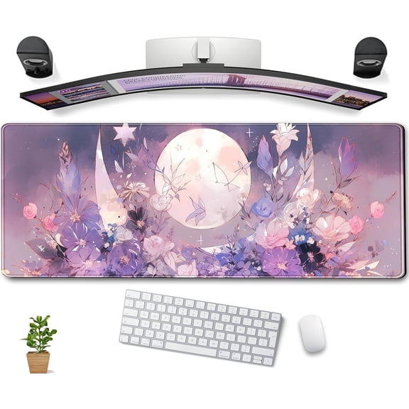 Mousepad Forest Green XXL Desk Mat Gold Moon Phases Large Extended Mouse Pad Gaming Laptop Keyboard and Mouse Mat Desk Pad, Non-Slip Rubber Base with Stitched Edges, 31.5x15.75 in