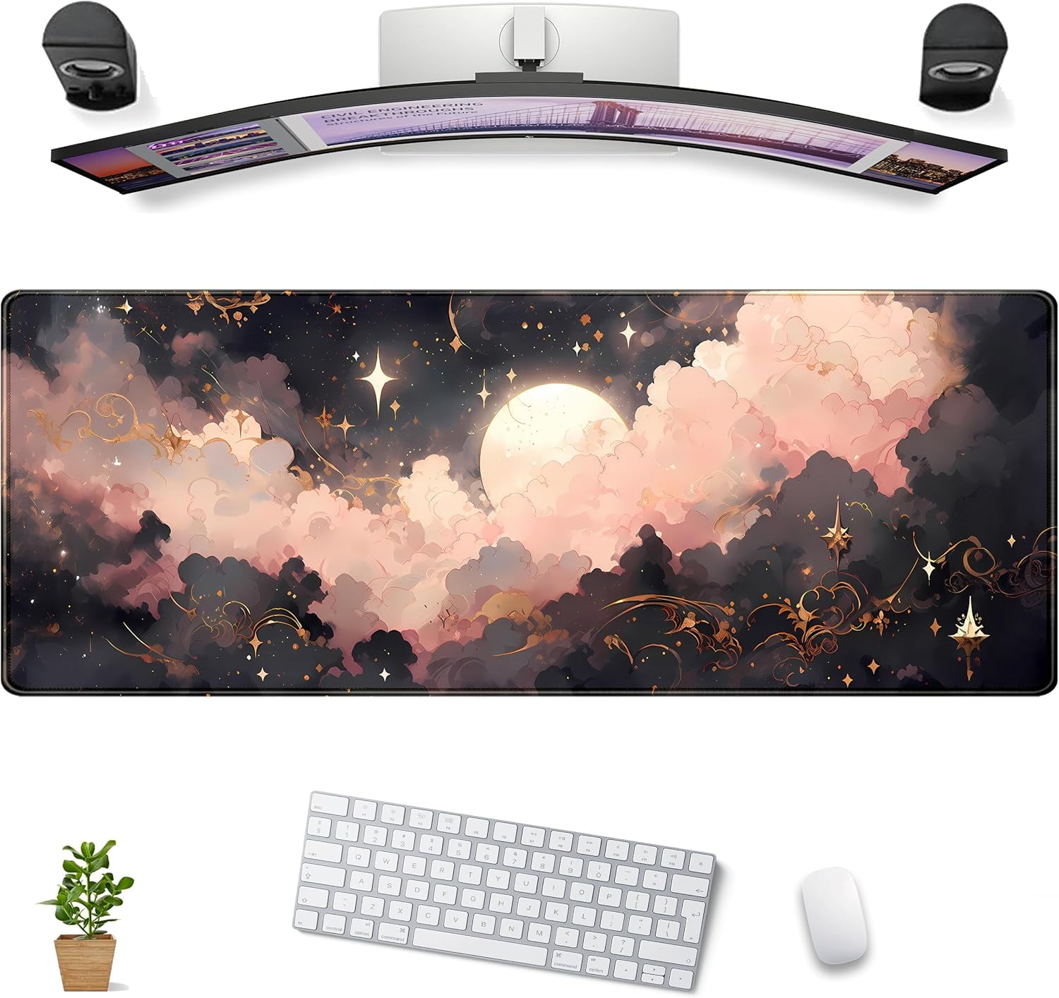 Mousepad Forest Green XXL Desk Mat Gold Moon Phases Large Extended Mouse Pad Gaming Laptop Keyboard and Mouse Mat Desk Pad, Non-Slip Rubber Base with Stitched Edges, 31.5x15.75 in