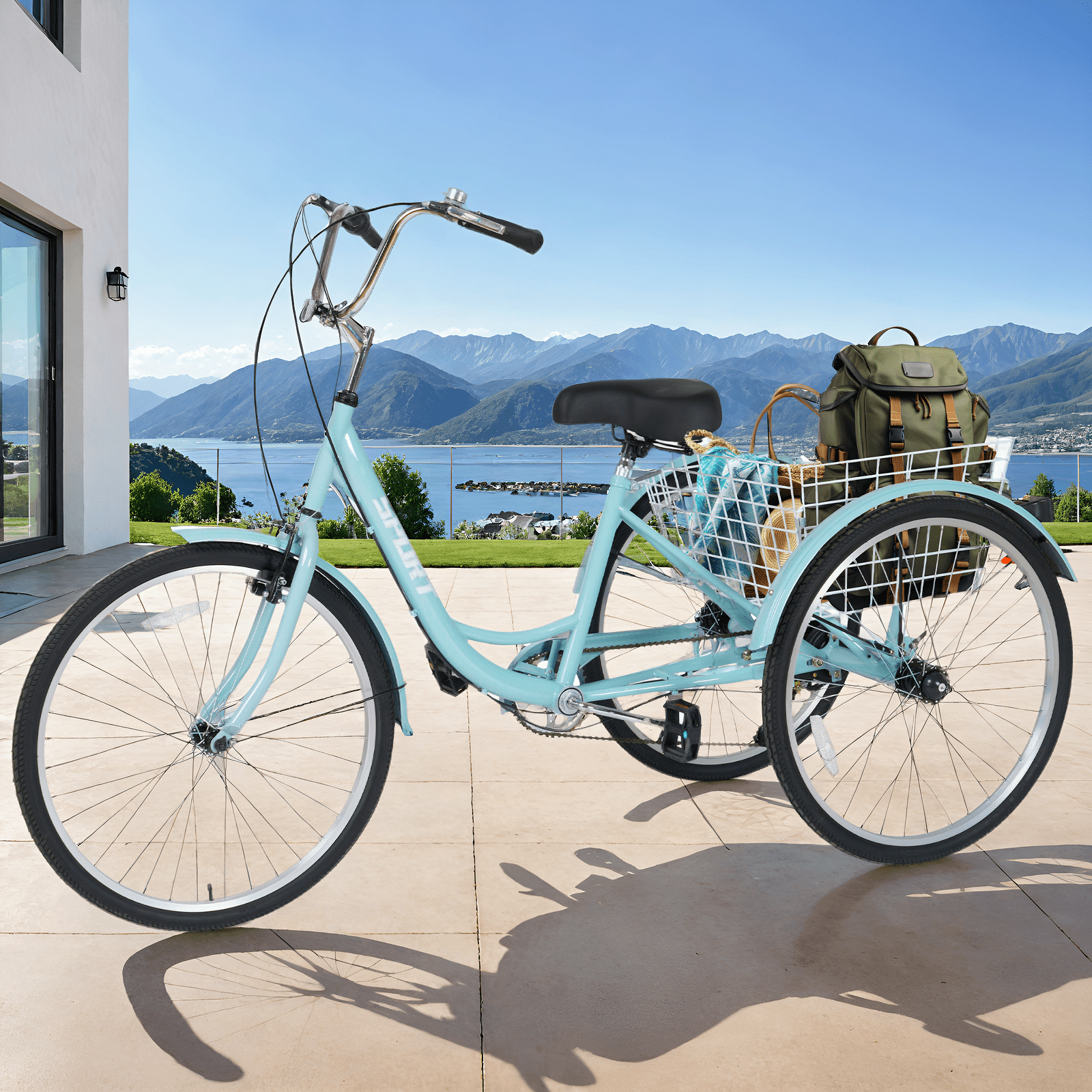 Mousport Adult Tricycle 7-Speed Trikes 3 Wheel Cruiser Bike with Rear Basket, Adjustable Seat & Backrest, 26" All-Terrain Wheels, 360lbs Capacity for Seniors/Commuting (Green)