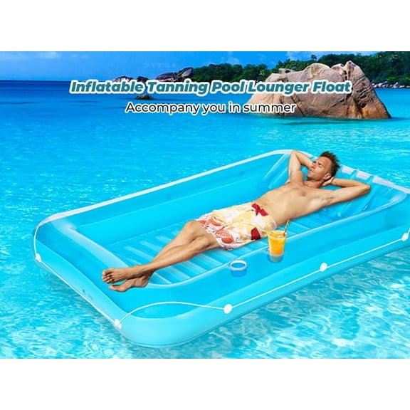Mousport Inflatable Tanning Pool Lounger Float 75''*52" with Adjustable Pillow, 2 Cup Holder 2-in-1 Tanning Bed River Boat for Adults Dogs, Tanning Chair, Raft 250LBS for Beach, Lake, Backyard