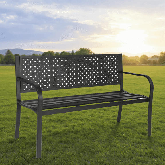 Mousport Outdoor Garden Bench for 2- 3 Person, Metal Mesh Backrest, Supports 500 lbs, Comfortable Seat for  Front Porch Yard Lawn Entryway Park Outside, Black