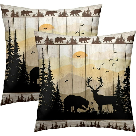 Moutain Bear Deer Pillow Cover Set of 2, 16x16 Inch Rustic Cabin Wood Planks Decorative Throw Pillowcases Cushion Covers for Couch Sofa Outdoor Patio Lodge