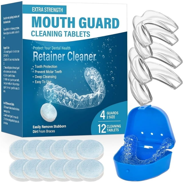 Mouth Guard for Grinding Teeth at night with 12 Cleaning Tablets, Reusable Night Mouth Guards for Teeth Grinding - 4 Pack / 2 Sizes