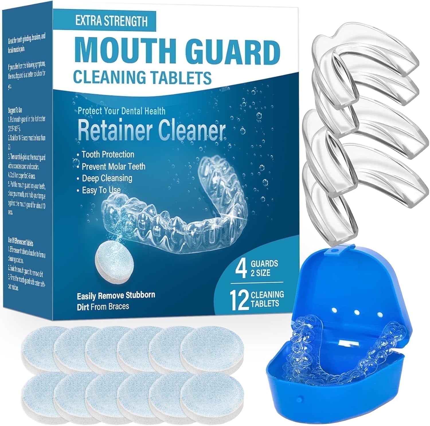 Mouth Guard for Grinding Teeth at night with 12 Cleaning Tablets, Reusable Night Mouth Guards for Teeth Grinding - 4 Pack / 2 Sizes