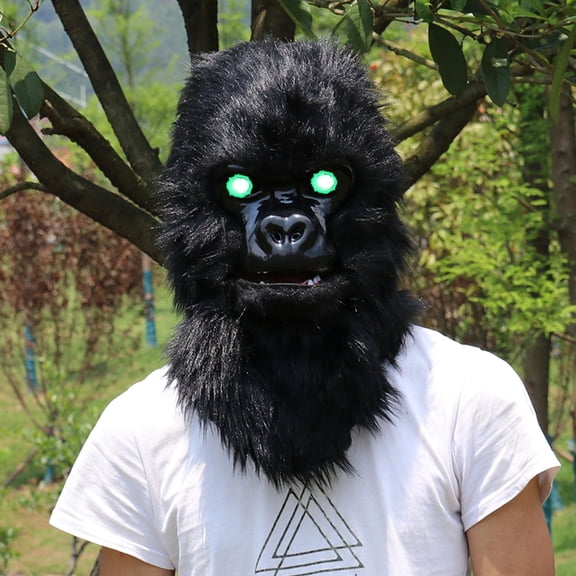 Mouth Movable Gorilla Mask,Fursuit Black Gorilla Mask Moving Jaw,Gorilla Mask with LED,Glowing Eyes Mask Halloween
