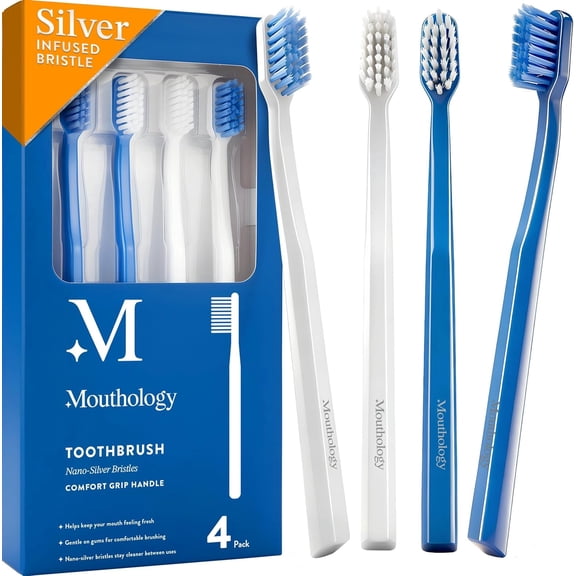 Mouthology 4 Pack Toothbrush - Nano Silver Ultra Soft Bristles for Adults, Extra Soft Manual Toothbrushes for Sensitive Gums, Micro Nano Bristle Tooth Brush Set