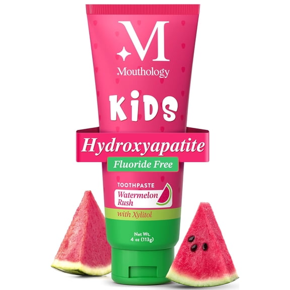 Mouthology Hydroxyapatite Kids Toothpaste Fluoride Free with Xylitol, Non Toxic Fluoride Free Toothpaste for Kids, All Ages (1-3), (3-6) & (6-12) Watermelon, 4oz