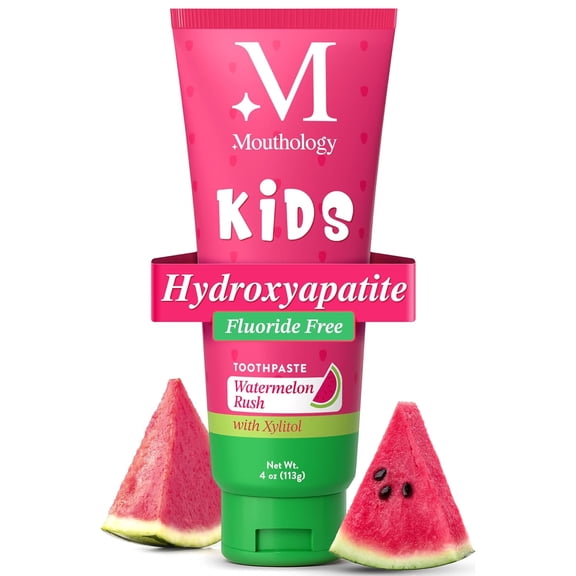Mouthology Hydroxyapatite Kids Toothpaste Fluoride Free with Xylitol, Non Toxic Fluoride Free Toothpaste for Kids, All Ages (1-3), (3-6) & (6-12), Watermelon, 4oz