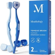 Mouthology Soft Bristle Tongue Brush for Adults for Bad Breath, Halitosis & Oral Hygiene - Tongue Scraper Brush with Ergonomic Handle & Protective Cap for Easy Storage & Travel - 2 Pack