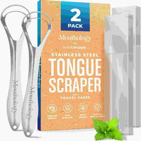 Mouthology Tongue Scraper with Case, Reusable Dual Head Metal Tongue Cleaner for Adults, 2 Pack