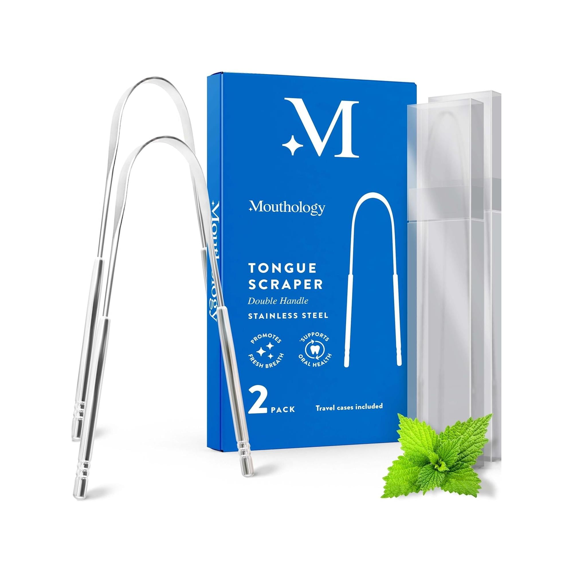 Mouthology Tongue Scraper with Case, Reusable Stainless Steel Tongue Cleaner for Adults, 2 Pack