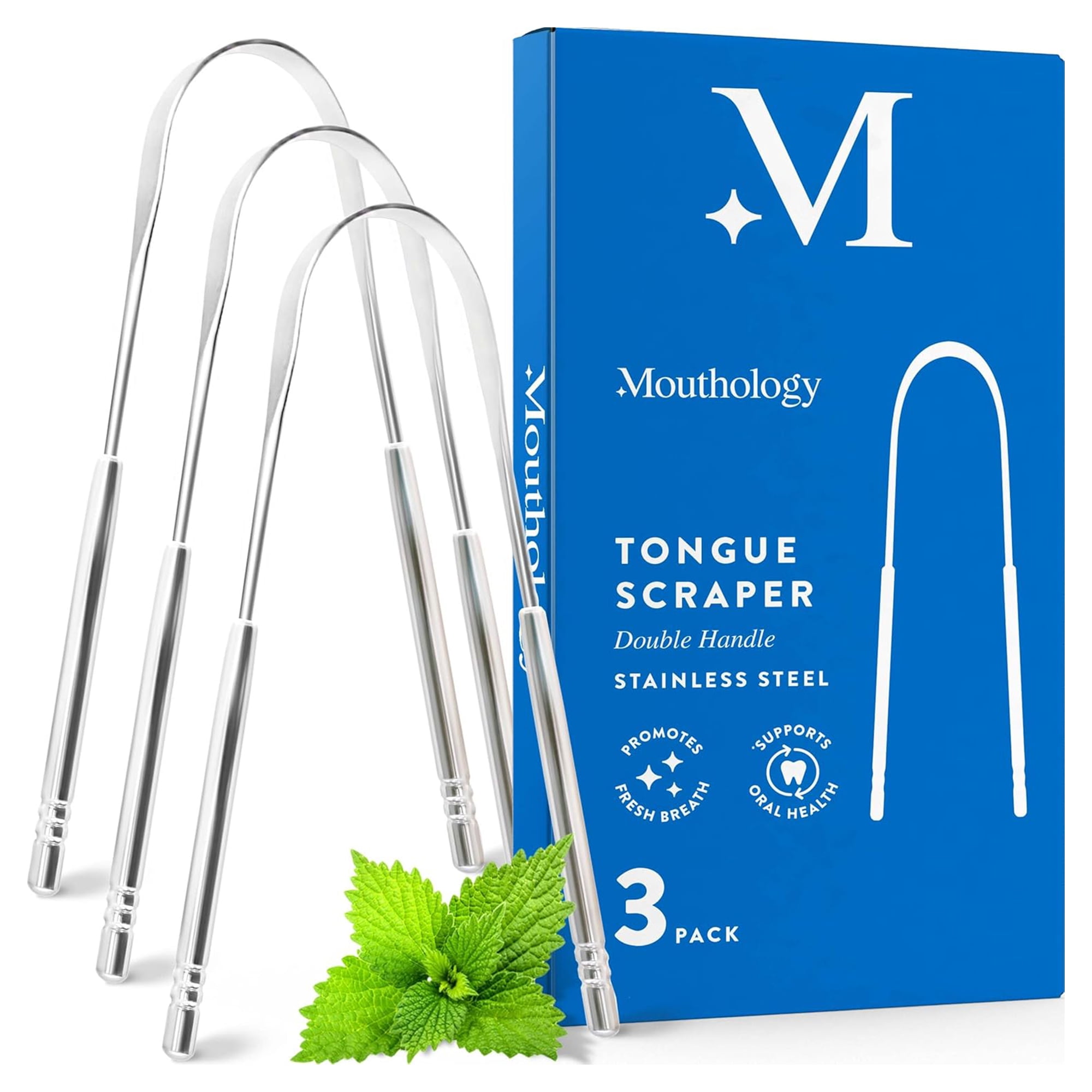 Mouthology Tongue Scraper with Case, Reusable Stainless Steel Tongue Cleaner for Adults, 3 Pack