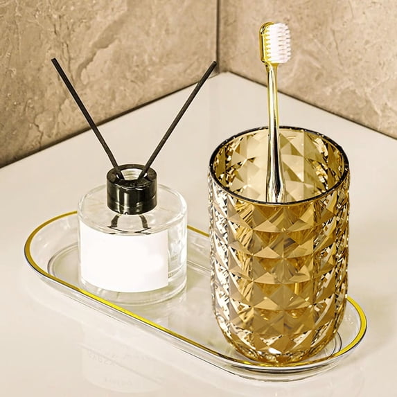 Mouthwash Cup | Toothbrush Holder Cup | Plastic Bathroom Mug | Square Space-Saving Design | Easy to Clean | Green Brown Clear Colors | 10.7x7x7cm | 1 Piece | Travel Home Use