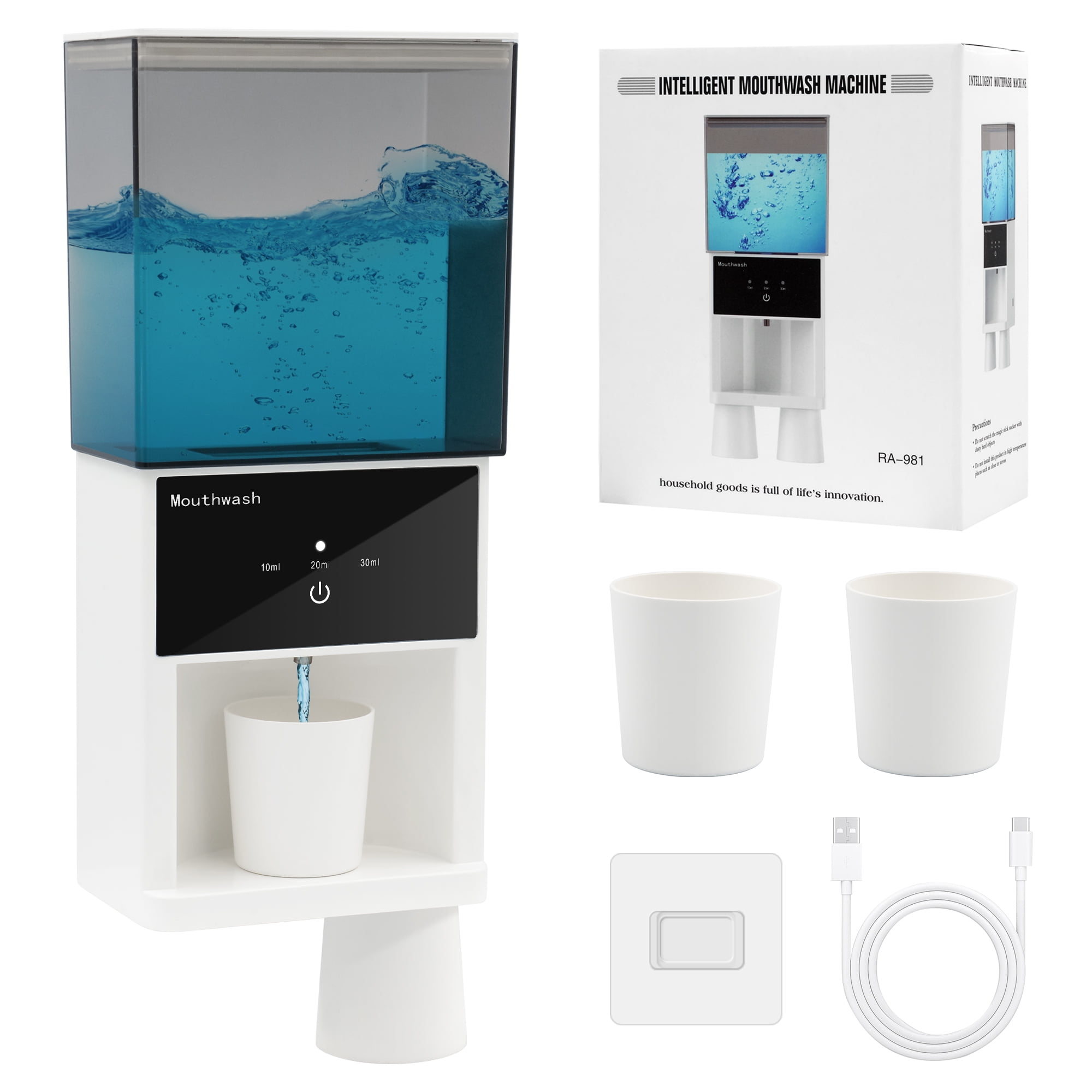 Sentryse Automatic Mouthwash Dispenser 20oz Electric Mouth Wash Dispenser for Bathroom with 3 Adjustable Dispensing Levels, 2 Magnetic Cups, Wall Mounted for Home & Kids