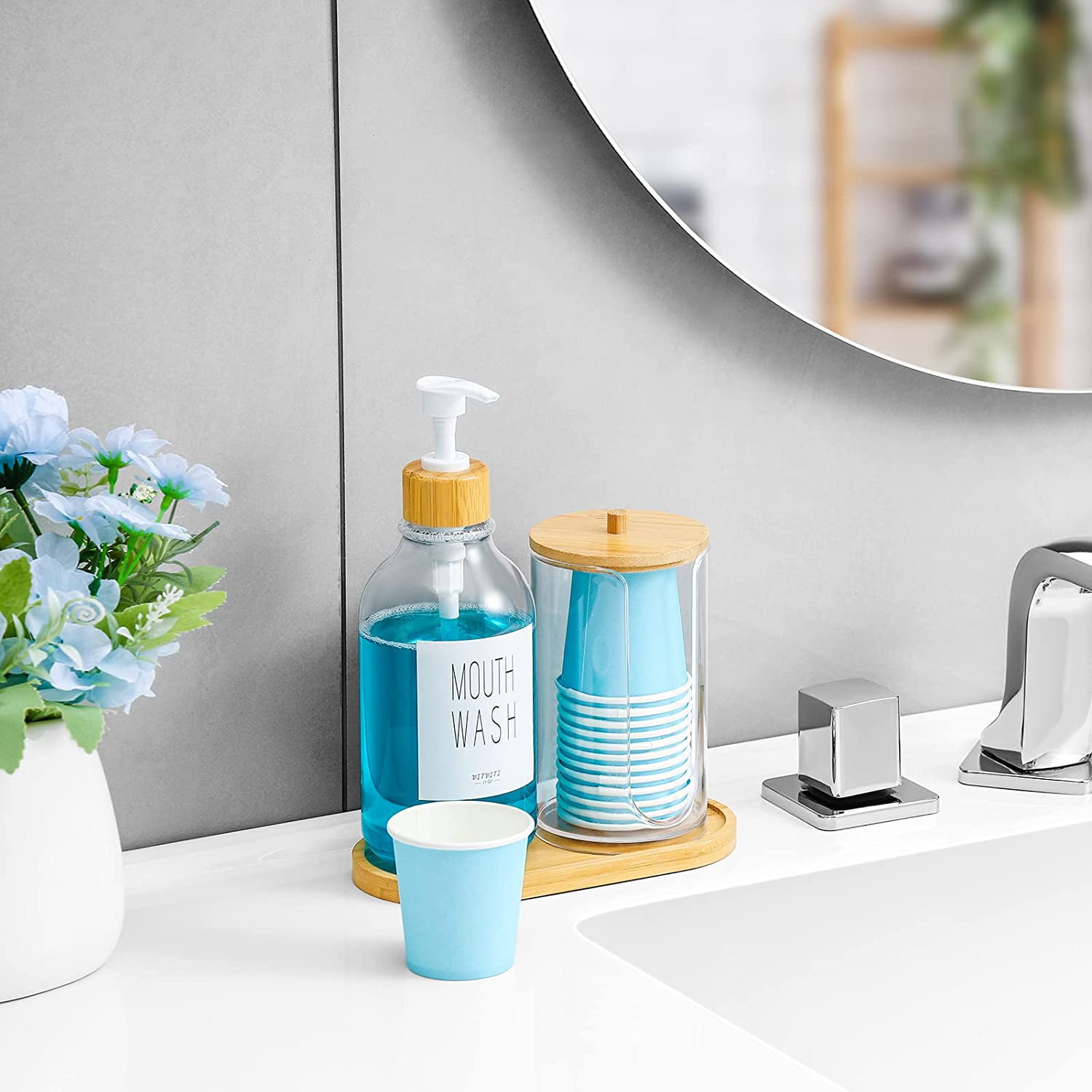 Mouthwash Dispenser for Bathroom, Mouth Wash Pump Bottle with Paper Cup