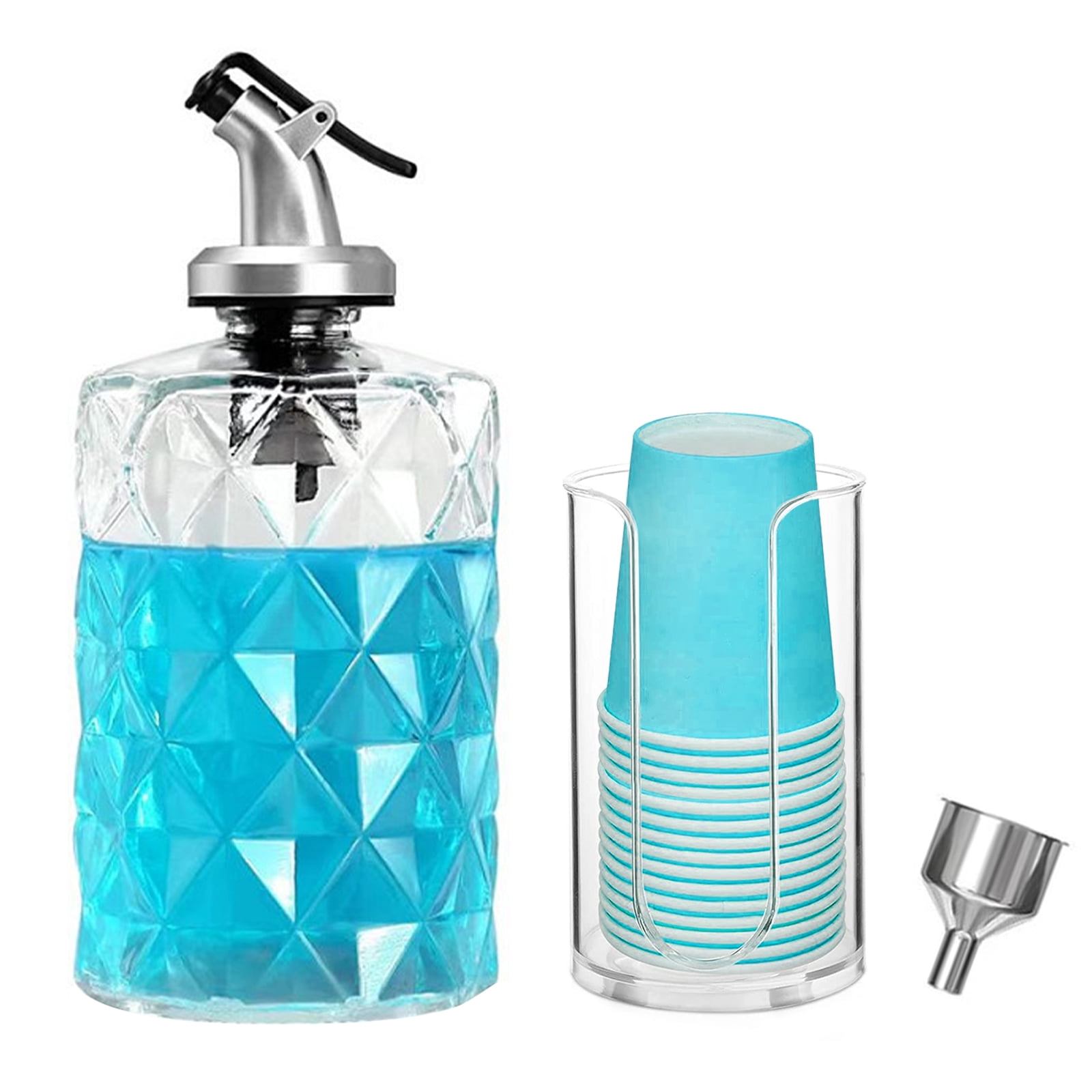 Mouthwash Pump Dispenser with Paper Cup Holder,Clear Mouthwash Holder Glass Toothpaste Dispenser Bottle Square,for Bathroom Organizer
