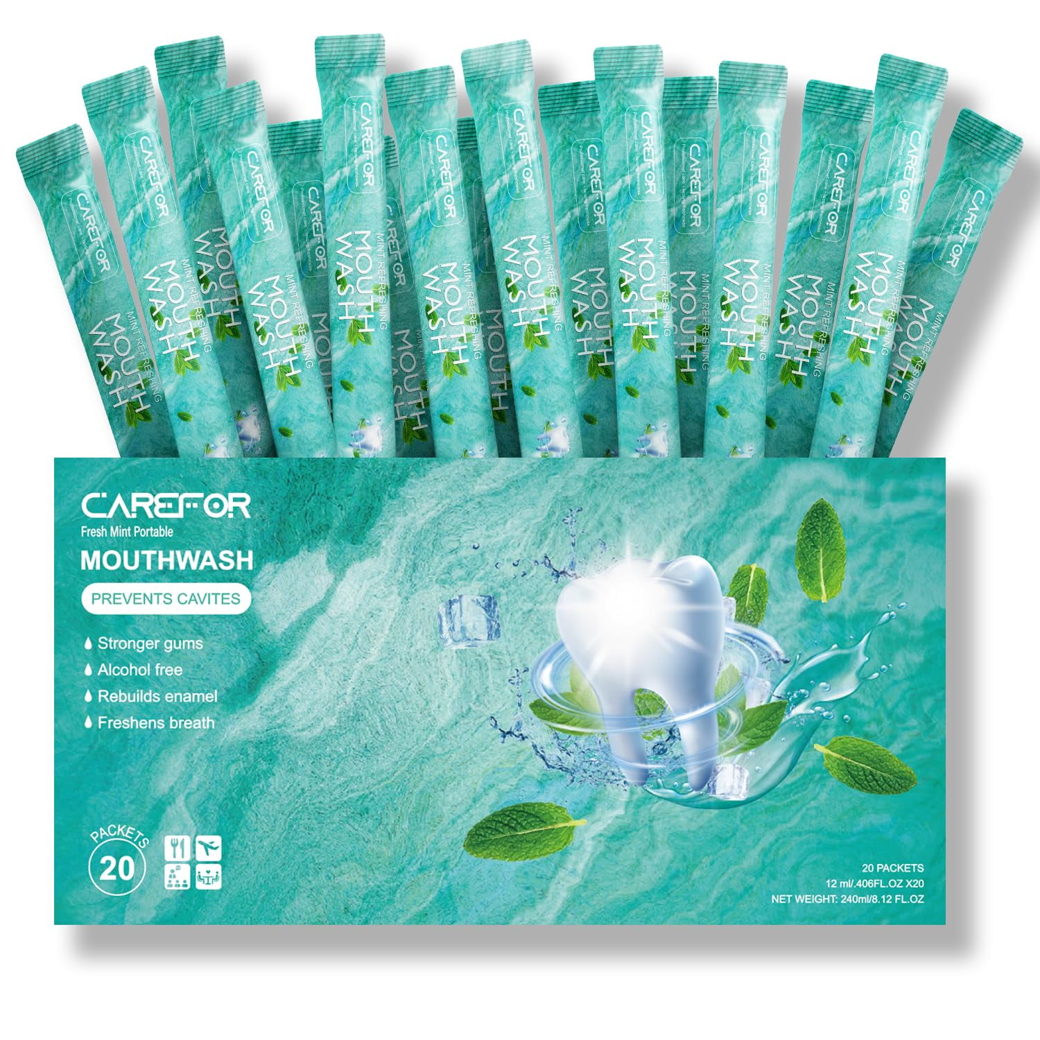 Mouthwash Travel Size - Portable Packets to Go, Alcohol & Fluoride Free Fresh Mint Mouthwash Strips for Superior Oral Hygiene,Disposable Packs (Pack of 20)
