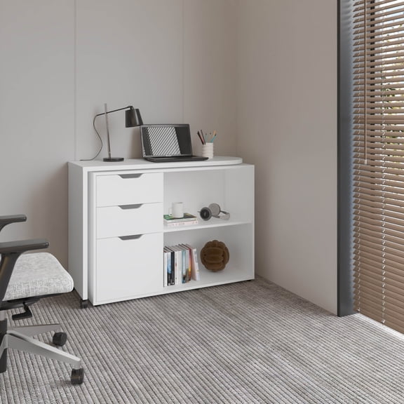 Mova Rotatable Desk With Swiveling Surface And Storage Shelves