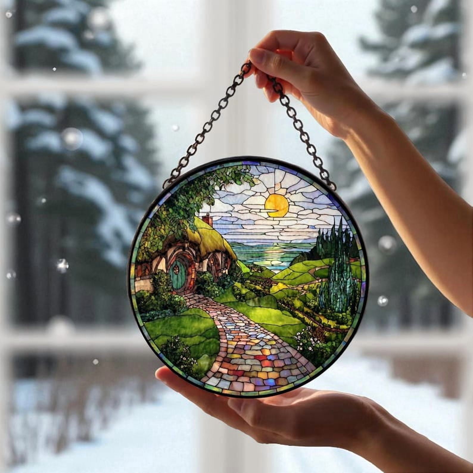 Movaax Fantasy Cottage Stained Glass Suncatcher, Garden Landscape ...